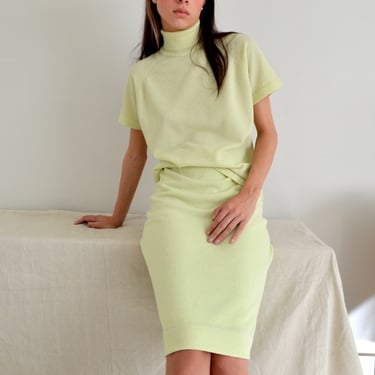 boucle knit pale green 70s skirt set 