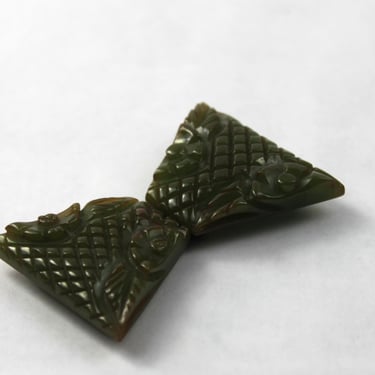 Art Deco Dress Buckle Sash Carved Spinach Green Bow Tie 
