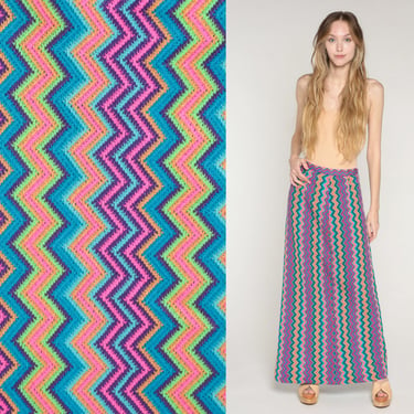 70s Maxi Skirt Colorful Zig Zag Striped Hippie Skirt Psychedelic Print High Waisted Bohemian Retro Vintage Pink Blue Purple 1970s Large L 