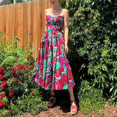 1980’s vintage colorful abstract print strapless Victor Costa dress 