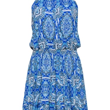 Parker - Blue Paisley Printed &quot;Glacius&quot; Smocked Waist Mini Dress Sz M