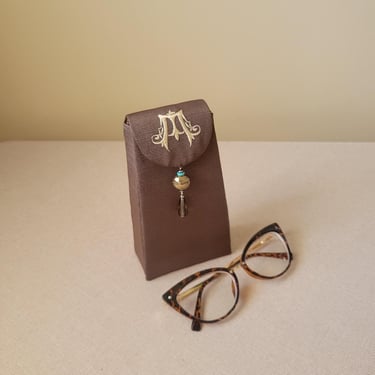 Embroidered eye glasses case Sun glasses case with handmade lampwork bead tassel Unisex brown silk hard case Anniversary gift idea 