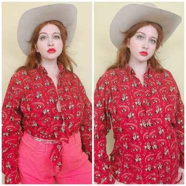 1990s Vintage Five Star By Roper Red Corduroy Shirt / 90s Western Cowboy Rodeo Novelty Print Blouse / XL 