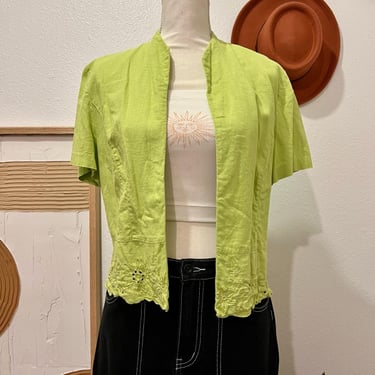 Vintage 90s Linen Lime Green Embroidered Floral Short Sleeve Open Style Blouse 