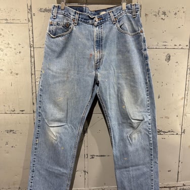 Vintage Levi’s 505 Distressed Straight Leg Light Wash Denim Jeans With Paint Mid Wash 34x30 