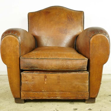 European French Brown Leather Club Chair with Wood Feet