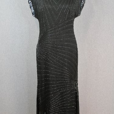 1980s Nite Line - Black Beaded Trophy Dress - Sequin Cocktail Dress - Formal, Black Tie - Evening Gown 
