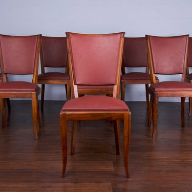 1930s Traditional French Art Deco Maple Red Vinyl Dining Chairs - set of 9 