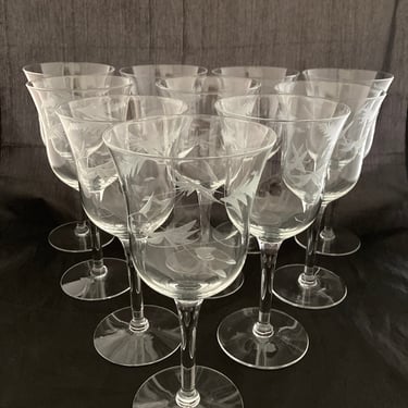 Set of 2 Mid Century Modern Tall Floral Etched 10 OZ Crystal Wine Glasses, Tulip Shape, Weston Fern, Art Deco Wine or Water Goblets, Antique 