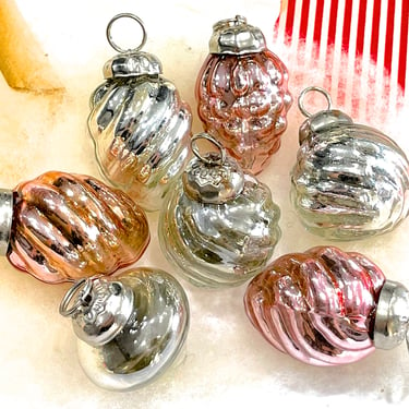VINTAGE: 7pc Small Mixed Thick Mercury Glass Ornaments - Mid Weight Kugel Style Ornaments - Unique Find - SKU 2-B6-00034813 