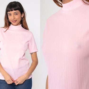 70s Mod Top Baby Pink Shirt Retro Mock Neck Plain Blouse Basic Twiggy Short Sleeve Ribbed Gogo Seventies Space Age Vintage 1970s Medium M 