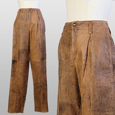 1980s Leather Pants / Distressed Leather Pants / High Waisted Leather Pants / Brown Leather Pants / Size Medium Large 