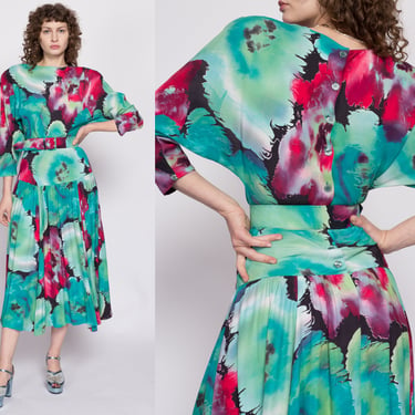 80s Watercolor Floral Dolman Sleeve Dress Small to Medium | Vintage Ann Tjian Kenar Teal Belted Drop Waist Midi Dress 