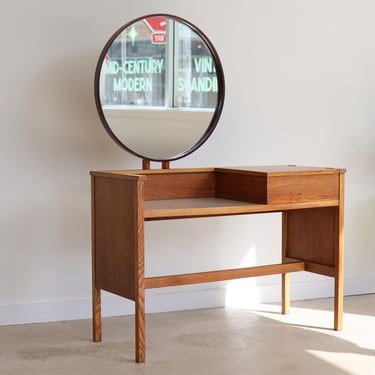 Mid-Century Modern Round Mirror Oak Vanity 