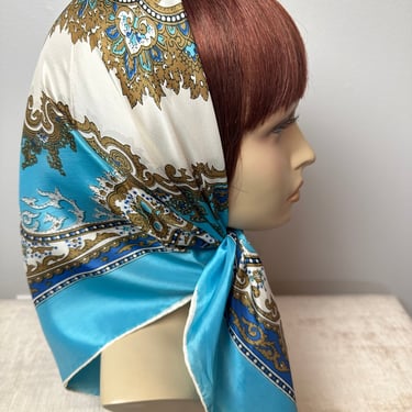 Vintage 1960’s large square ladies head scarf /neck scarves~ ornate aqua blue  white paisley print groovy retro rayon 