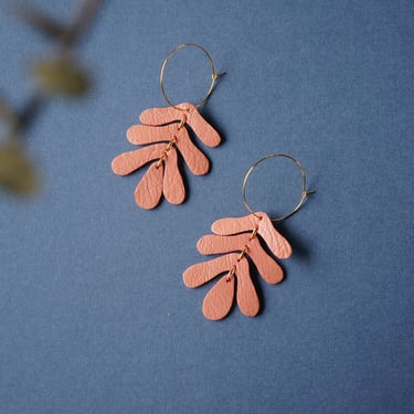 Botanical Leaf Hoop Earrings in Salmon -Peach Oak Leaf Leather Statement Earrings on 14K Gold-Plated Hoops or Hooks 