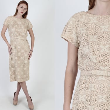 Vintage 50s Ivory Lace Dress With Matching Belt, Metal Zipper Floral Solid Color Mini Dress 
