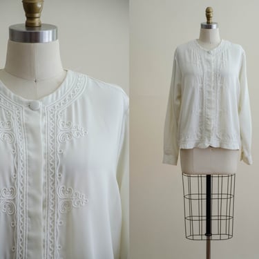 90s embroidered blouse | Edwardian style blouse | cream soutache button down vintage shirt 