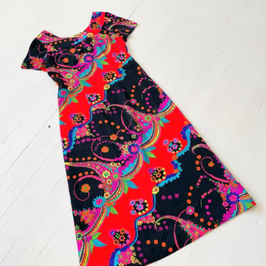 1970s Psychedelic Floral Print Maxi Dress 