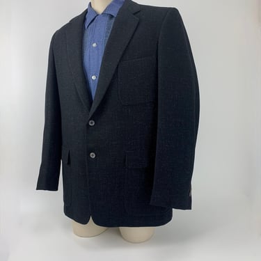1950'S Flecked Sportcoat - Black with Blue Flecks - 2 Button Wool Jacket - Men's Size Medium 
