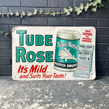 Vintage Tube Rose Tin Sign Antique Mid-Century Snuff Tobacco Advertising Wall Art Hanging 