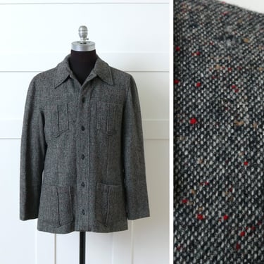 mens vintage 1970s tweed jacket • 40s 50s style flecked wool multi-pocket casual jacket 