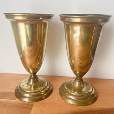 Pair of Brass Urns with Patina. Vintage Brass Plated Footed Vases. 