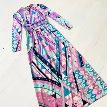 1970s Purple + Blue Psychedelic Print Maxi Dress 