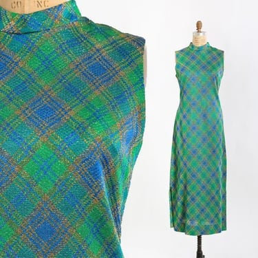 Vintage 70s green plaid gold lurex maxi dress 