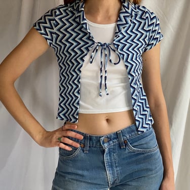 Vintage 90's Crop Top / Faux Cardi Open Knit Sweater / Cropped Blue Sweater / Cotton Knitwear / Nineties Top / Missoni Zig Zag Style 