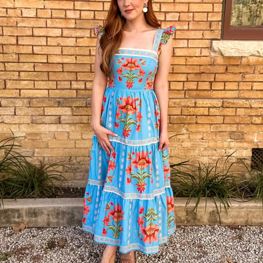 Blue Floral Printed Midi Dress