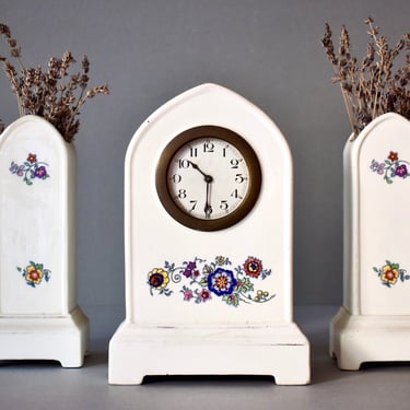 Vintage Porcelain Table Clock Hand Painted Porcelain Vases Home Decor Antique Decor Cottage Decor 