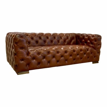 Interlude Home Transitional Cognac Vintage Leather Tufted Chesterfield Roland Sofa