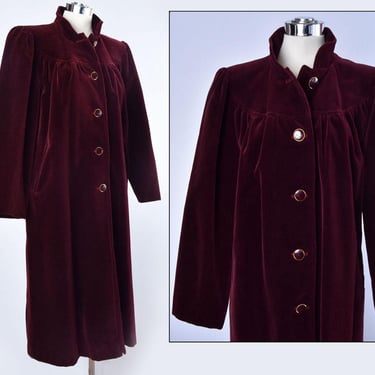 Burgundy VELVET Long Coat, Vintage New Old Stock 1940's style, 1970's, 1980's Dark Red Wine  Maroon by Komitor, size MEDIUM 