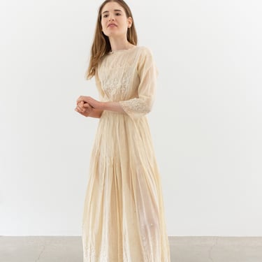 Vintage Cream Embroidered Day Dress | Lightweight Cotton Romantic Summer Gown | XS | 