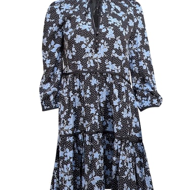 Veronica Beard - Black w/ Blue Floral & Polka Dot Print Silk Blend Dress Sz 2