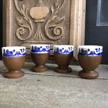 French Faïence Egg Cups, Wood Pedestal Base, Blue White, Set of 4 