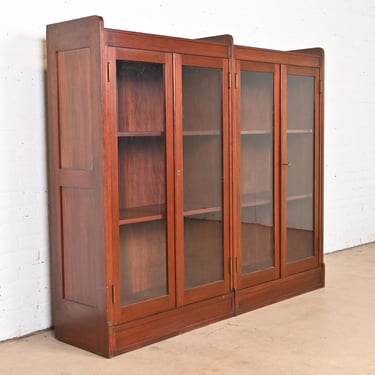 Antique Stickley Style Arts and Crafts Solid Mahogany Double Bookcase, Circa 1920s