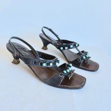 Vintage Size 9 1950's Italian Dark Brown Leather Sandals Turquoise Beads Brass Chain Trim Kitten Heel Spring Summer Montemurro Made in Italy 