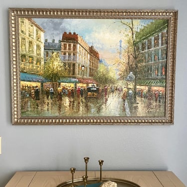 Large Oil Painting, Post Impressionist, Mid Century, Artist Signed, Carved Wood Frame, Vintage Home Decor, Wall Hanging 
