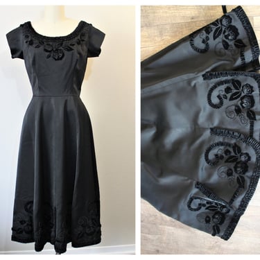 Vintag 1950s 50s Fancy Custom Black Velvet flowers thick Satin Evening Dress Scalloped Hem Event Evening // Modern Size 4 6 small 