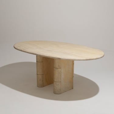 TABLE À MANGER OVALE EN TRAVERTIN, ROCHE-BOBOIS, 1970s