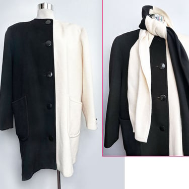 BILL BLASS Wool Black & Cream Modernist 1980's Matching Coat and Scarf Designer Black and white, sz Large, Vintage Mod style Overcoat 