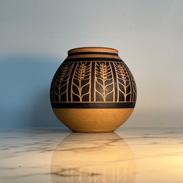 Midcentury ceramic vase signed brown with carved and glazed plant motif 