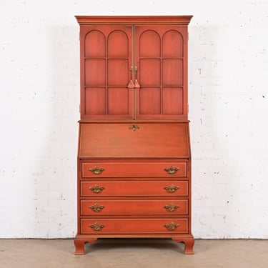 Georgian Red Lacquered Cherry Wood Drop Front Secretary Desk With Hutch by Jasper Cabinet Co.