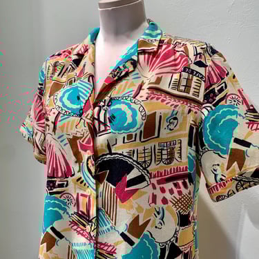 Vintage Blouse - European Cafe' Images - PM SPORT Label - Soft Rayon Flannel - Tag Size Large 