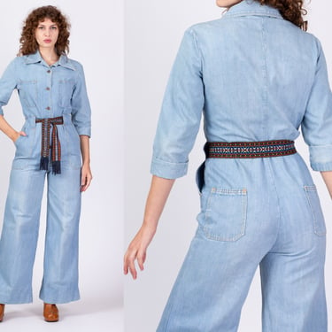 70s Denim Button Up Belted Jumpsuit - Medium | Vintage Blue Jean Wide Leg Bell Bottom Retro Outfit 