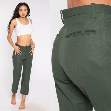 70s Green Trousers Straight Leg Pants High Rise Waist Retro Basic Normcore High Waisted Pants Classic Plain Vintage 1970s Seventies Small S 