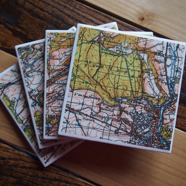 1944 Luxembourg Map Coaster Set of 4. Vintage Map. City Map Coasters. Luxembourg Gift. European Decor. Travel Gift. Europe History Gift. 