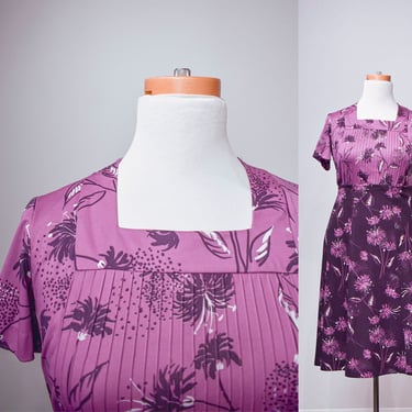 1970s 2pc Purple Floral Outfit Skirt & Blouse 